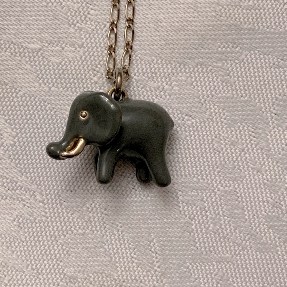 J Crew Grey enamel elephant with gold tone chain